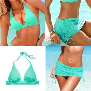 Victorias Secret Seafoam Green Small Plunge Halter Bikini Top Medium Swim Skirt